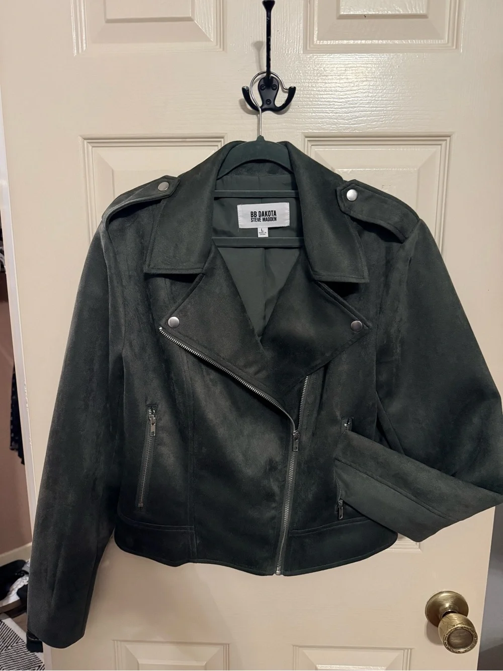 BB Dakota Olive Green Suede Cropped Moto Jacket NWOT sz L